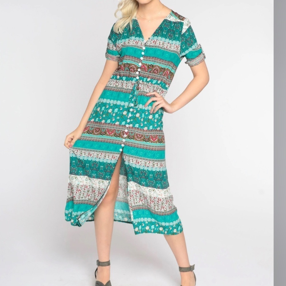 Boho Teal Patterned Button-Down Midi Dress | M